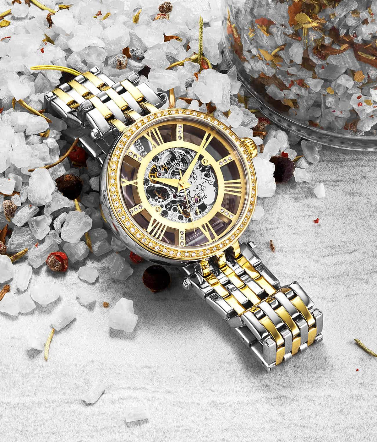 Stuhrling Original Delphi 3944 Women's Automatic Watch, 38mm, Two-Tone Gold & Silver Bracelet, Skeleton Dial