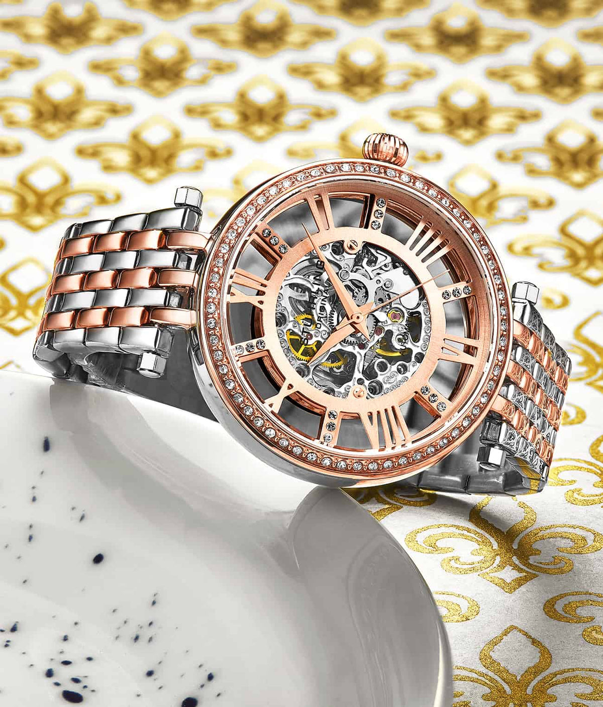 Stuhrling Original Delphi 3944 Women's Automatic Skeleton Watch, 38mm, Two-Tone Rose Gold & Silver Bracelet, Skeleton Dial