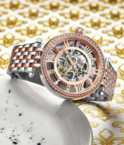 Stuhrling Original Delphi 3944 Women's Automatic Skeleton Watch, 38mm, Two-Tone Rose Gold & Silver Bracelet, Skeleton Dial