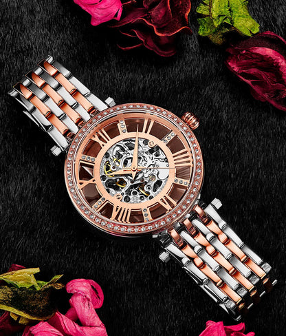 Stuhrling Original Delphi 3944 Women's Automatic Skeleton Watch, 38mm, Two-Tone Rose Gold & Silver Bracelet, Skeleton Dial
