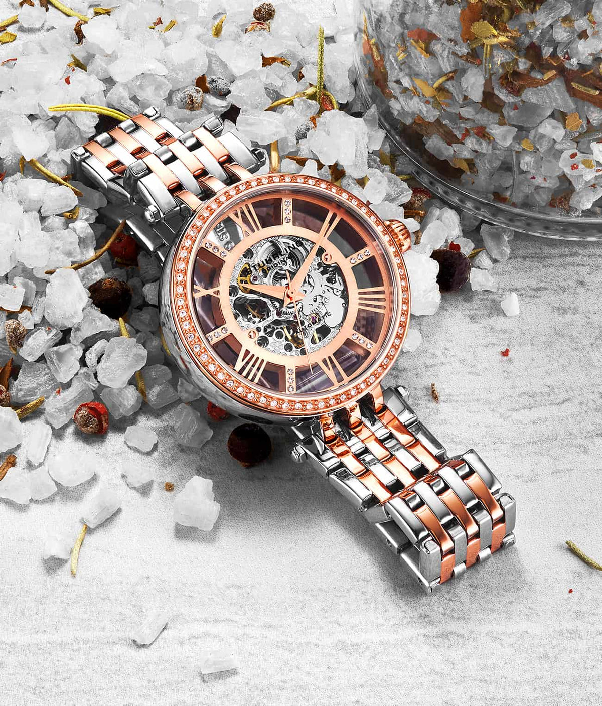 Stuhrling Original Delphi 3944 Women's Automatic Skeleton Watch, 38mm, Two-Tone Rose Gold & Silver Bracelet, Skeleton Dial