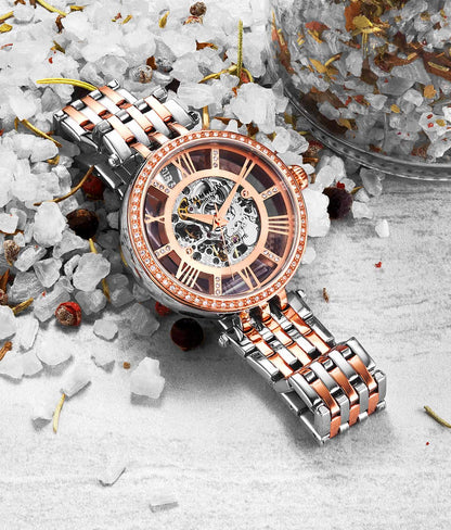 Stuhrling Original Delphi 3944 Women's Automatic Skeleton Watch, 38mm, Two-Tone Rose Gold & Silver Bracelet, Skeleton Dial