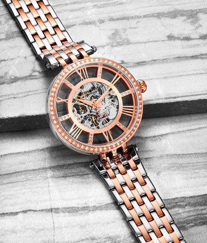 Stuhrling Original Delphi 3944 Women's Automatic Skeleton Watch, 38mm, Two-Tone Rose Gold & Silver Bracelet, Skeleton Dial
