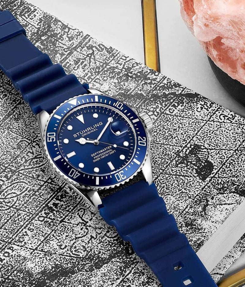Stuhrling Original Depthmaster 3950R Men's Quartz Diver Watch, 42mm, Blue Dial, Blue Rubber Strap