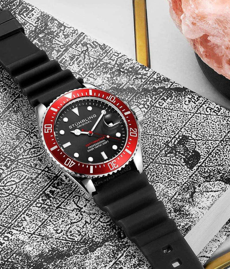 Stuhrling Original Depthmaster 3950R Men's Quartz Diver Watch, 42mm, Black Dial, Black Rubber Strap