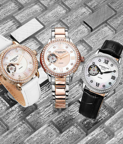 Stuhrling Original Legacy Women's Automatic Watch, 34mm, White Mother-of-Pearl Dial, Black Embossed Leather Strap, Skeleton Dial