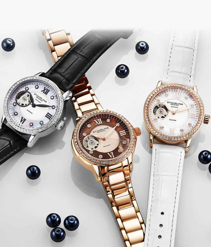 Stuhrling Original Legacy Women's Automatic Watch, 34mm, White Mother-of-Pearl Dial, White Embossed Leather Strap, Skeleton Dial