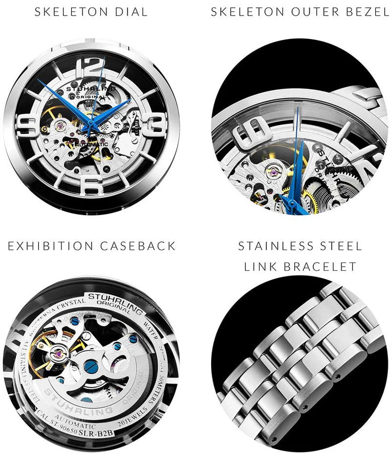 Stuhrling Original Winchester 3964 Men's Automatic Skeleton Watch, 42mm, Silver Bezel, Silver Link Bracelet