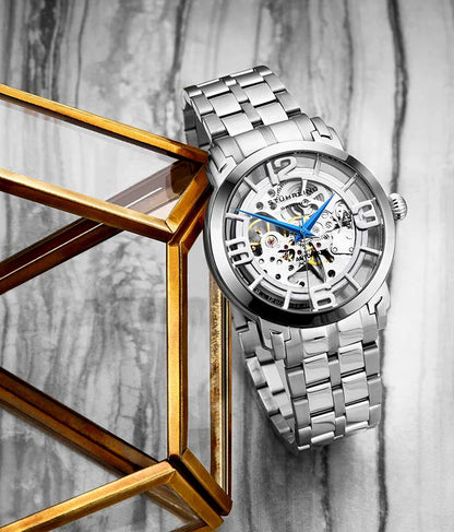 Stuhrling Original Winchester 3964 Men's Automatic Skeleton Watch, 42mm, Silver Bezel, Silver Link Bracelet
