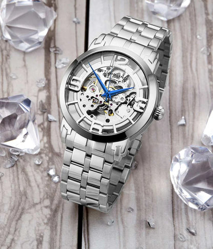 Stuhrling Original Winchester 3964 Men's Automatic Skeleton Watch, 42mm, Silver Bezel, Silver Link Bracelet