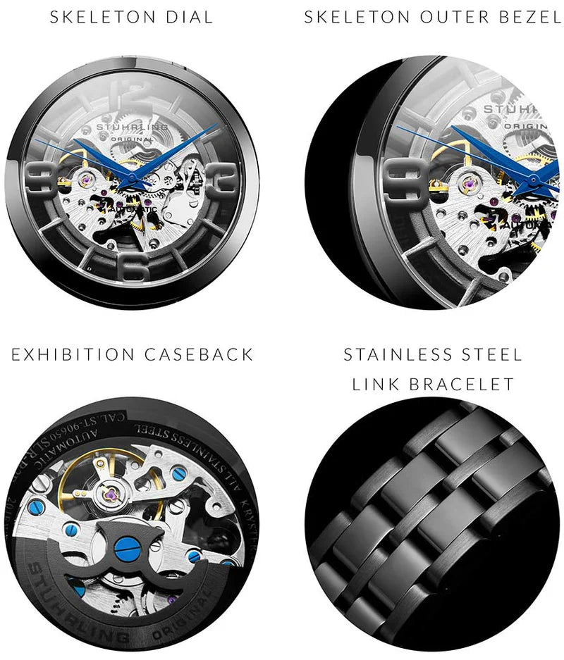 Stuhrling Original Winchester 3964 Men's Automatic Skeleton Watch, 42mm, Black Bezel, Black Link Bracelet