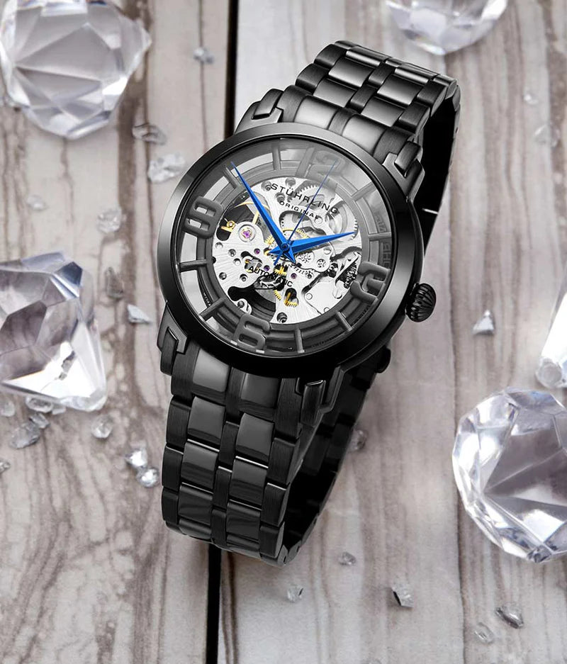 Stuhrling Original Winchester 3964 Men's Automatic Skeleton Watch, 42mm, Black Bezel, Black Link Bracelet