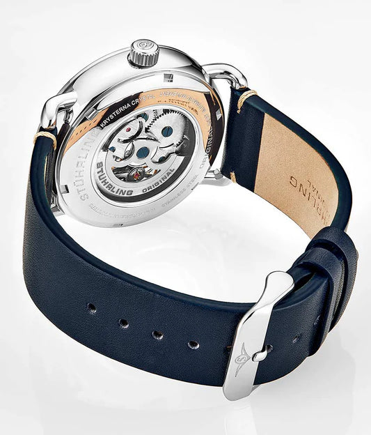 Stuhrling Original Mantra 3972 Men's Automatic Skeleton Watch, 42mm, Blue Dial, Silver Bezel