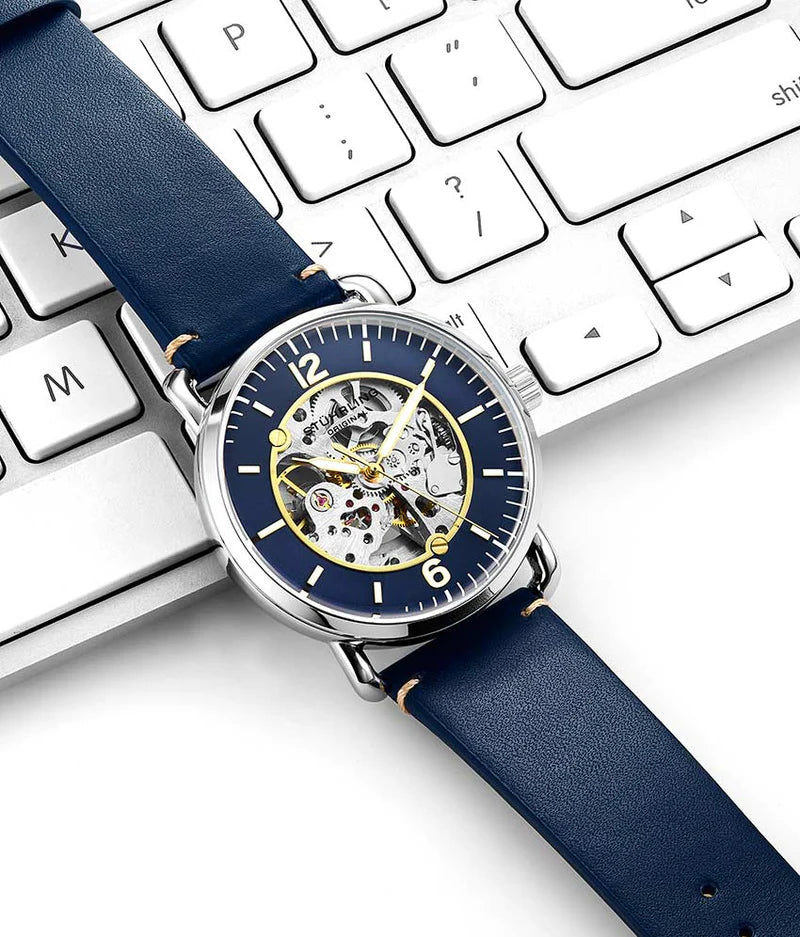 Stuhrling Original Mantra 3972 Men's Automatic Skeleton Watch, 42mm, Blue Dial, Silver Bezel
