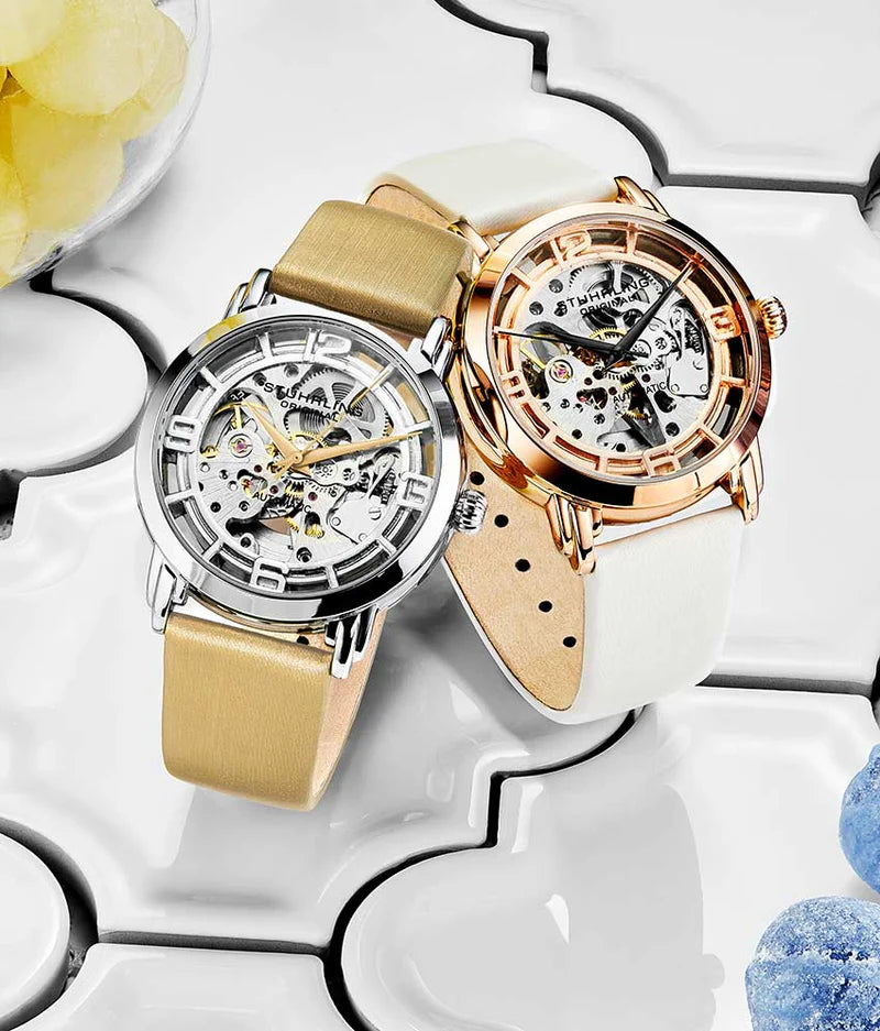 Stuhrling Original Winchester 3982 Women's Automatic Watch, 40mm, Silver Dial, Cream Leather Strap, Skeleton Dial