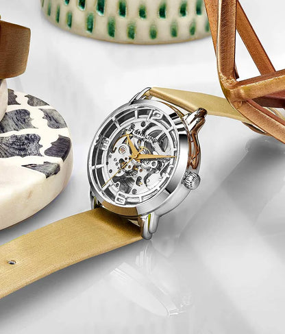 Stuhrling Original Winchester 3982 Women's Automatic Watch, 40mm, Silver Dial, Cream Leather Strap, Skeleton Dial