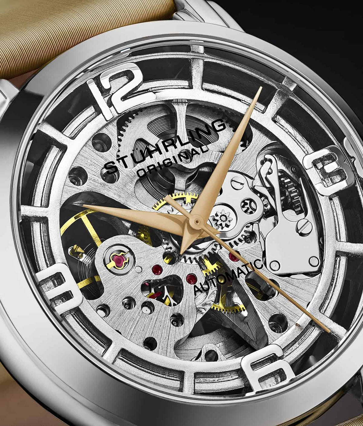 Stuhrling Original Winchester 3982 Women's Automatic Watch, 40mm, Silver Dial, Cream Leather Strap, Skeleton Dial