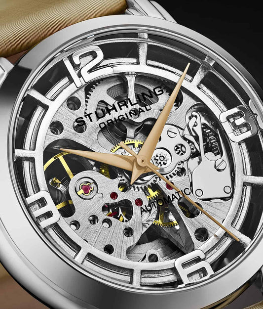 Stuhrling Original Winchester 3982 Women's Automatic Watch, 40mm, Silver Dial, Cream Leather Strap, Skeleton Dial
