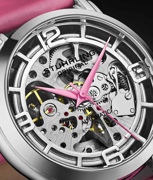 Stuhrling Original Winchester 3982 Women's Automatic Watch, 40mm, Silver Dial, Pink Leather Strap, Skeleton Dial