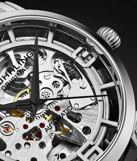 Stuhrling Original Winchester 3982 Women's Automatic Watch, 40mm, Silver Dial, Black Leather Strap, Skeleton Dial