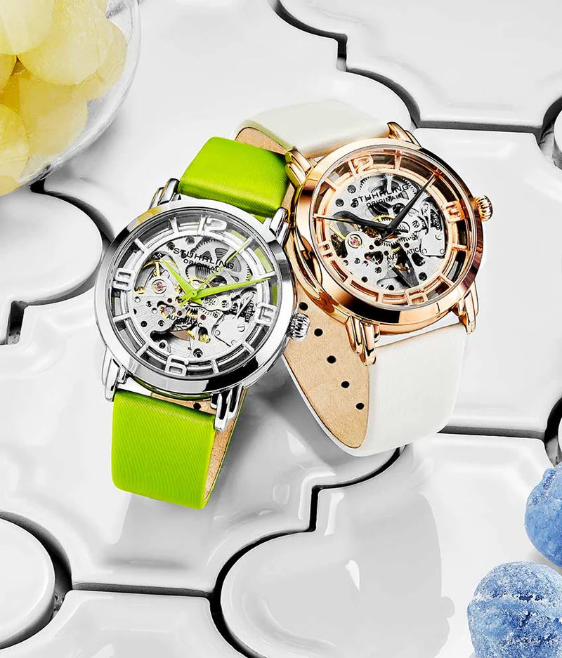 Stuhrling Original Winchester 3982 Women's Automatic Watch, 40mm, Silver Dial, White Leather Strap, Skeleton Dial