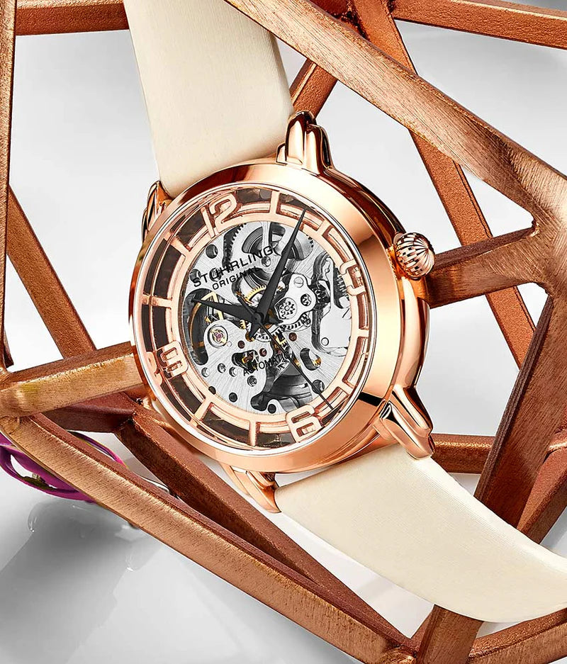 Stuhrling Original Winchester 3982 Women's Automatic Watch, 40mm, Silver Dial, White Leather Strap, Skeleton Dial