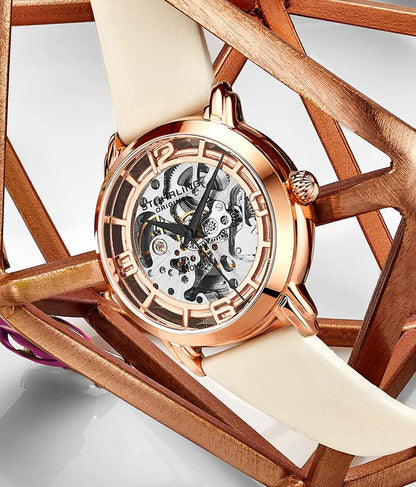 Stuhrling Original Winchester 3982 Women's Automatic Watch, 40mm, Silver Dial, White Leather Strap, Skeleton Dial