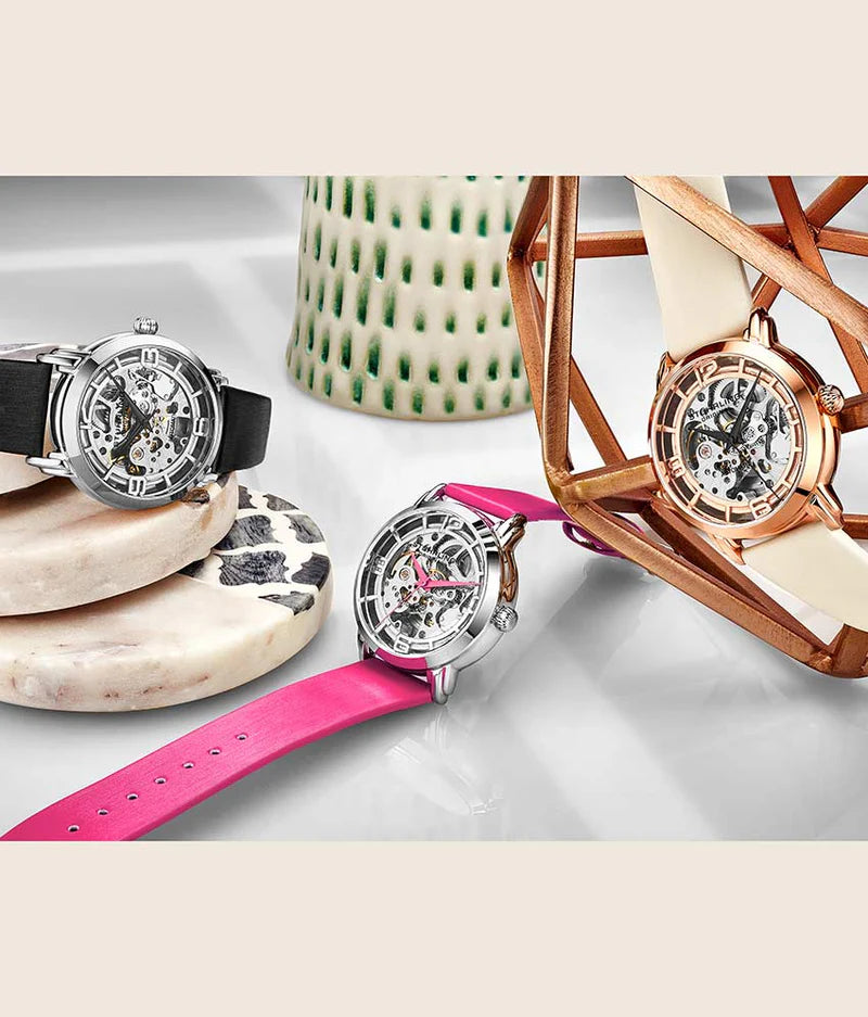 Stuhrling Original Winchester 3982 Women's Automatic Watch, 40mm, Silver Dial, White Leather Strap, Skeleton Dial