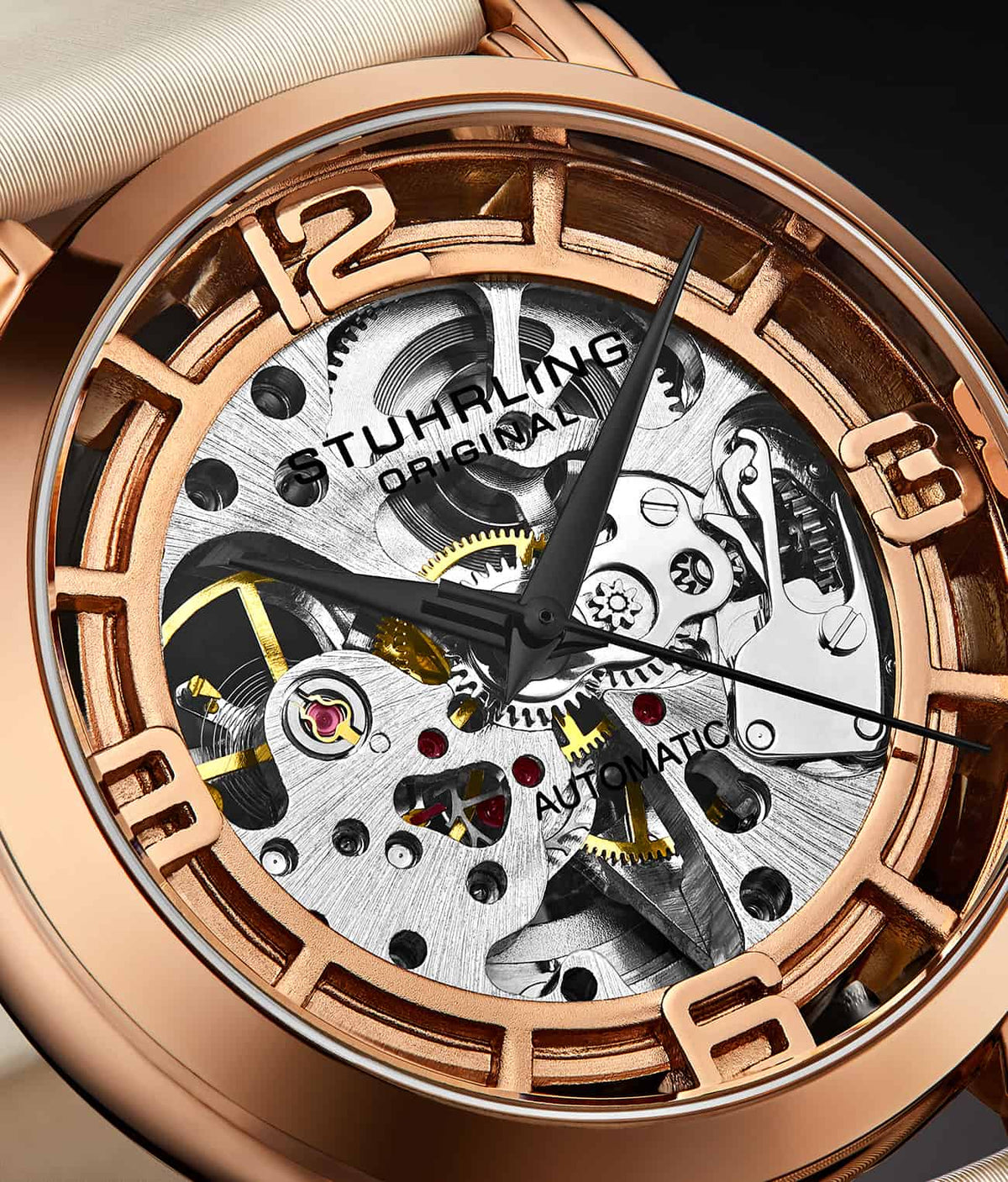 Stuhrling Original Winchester 3982 Women's Automatic Watch, 40mm, Silver Dial, White Leather Strap, Skeleton Dial