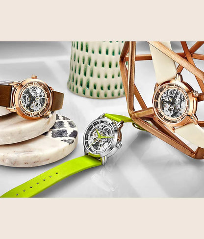 Stuhrling Original Winchester 3982 Women's Automatic Watch, 40mm, Silver Dial, White Leather Strap, Skeleton Dial