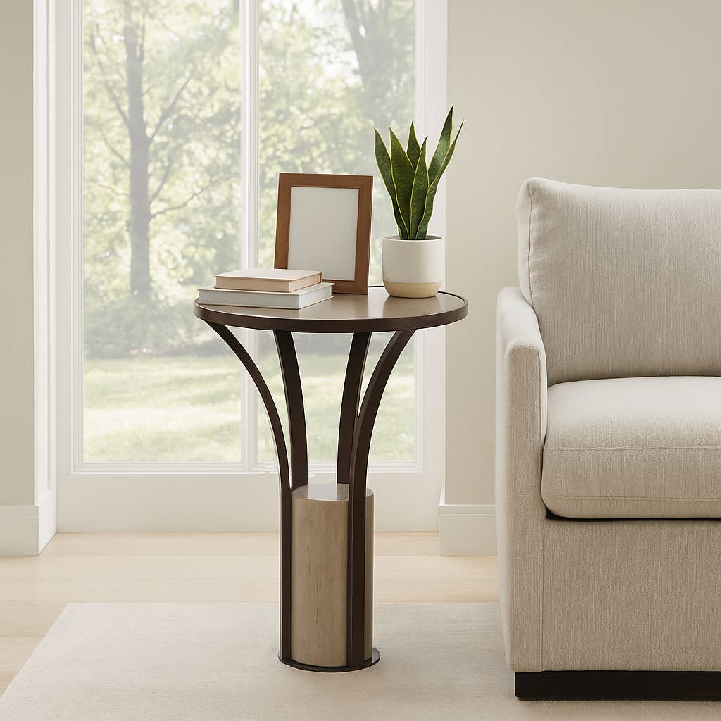 Side Table - Bronze Marble Top Cylindrical Pedestal, 24 in.