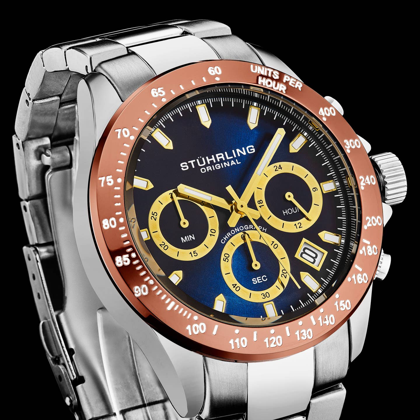 Stuhrling Original Ultima 3960 Men's Quartz Chronograph Watch, 42mm, Light Blue Dial, Stainless Steel Bracelet