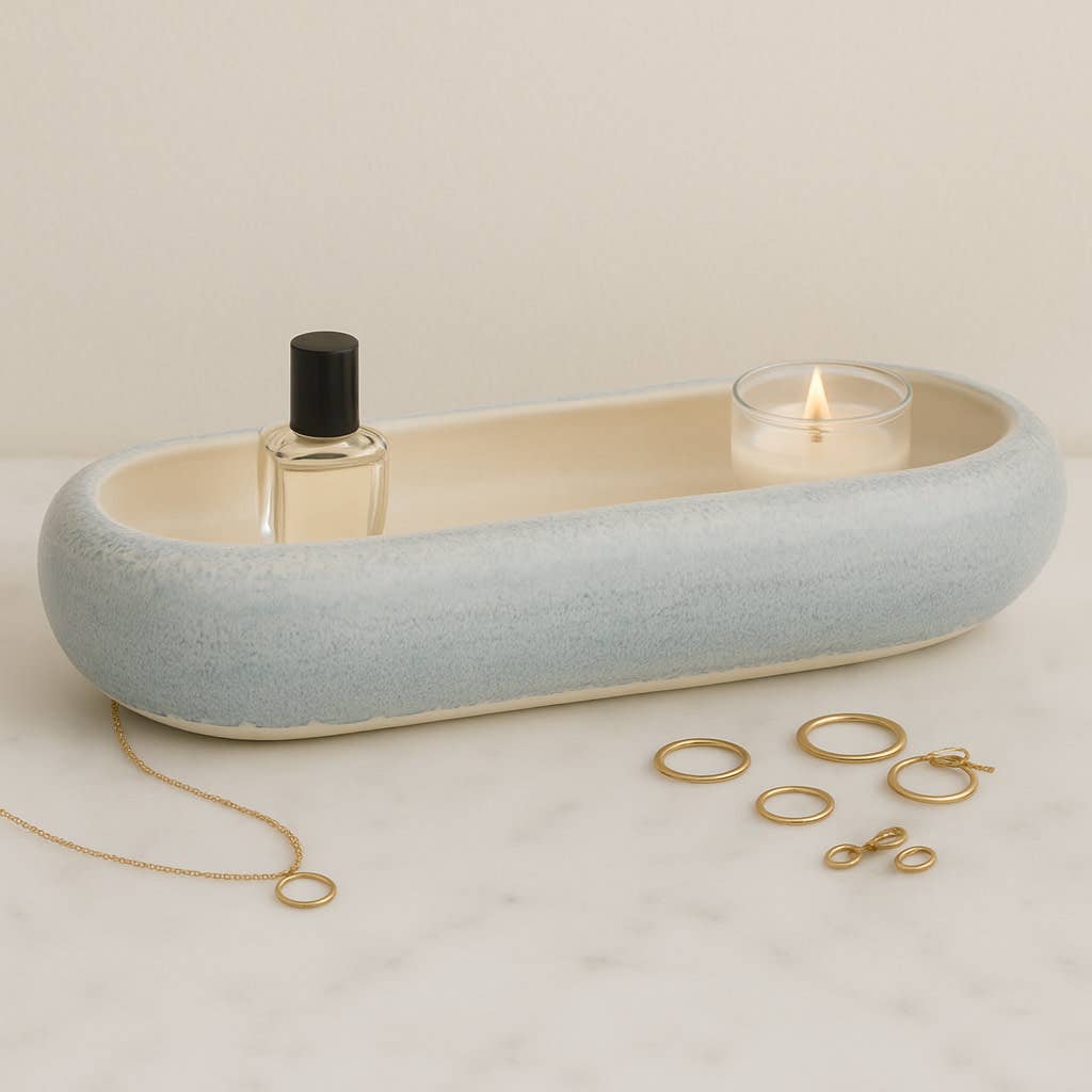 Decorative Bowl - Blue Ceramic Modern Oval Shape, 20 in.