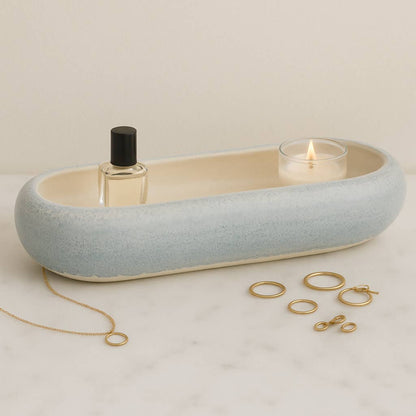 Decorative Bowl - Blue Ceramic Modern Oval Shape, 20 in.