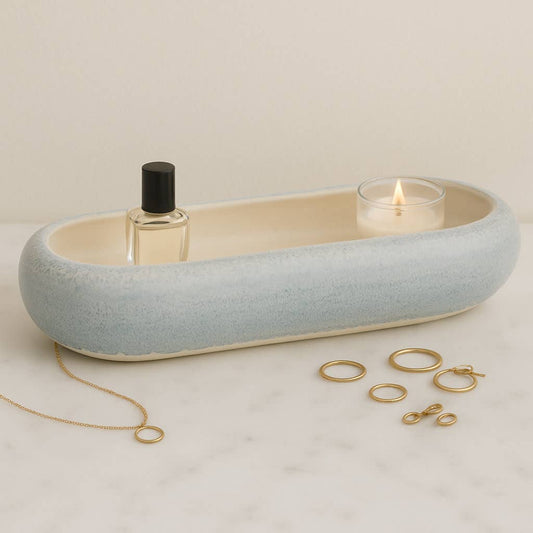 Decorative Bowl - Blue Ceramic Modern Oval Shape, 20 in.