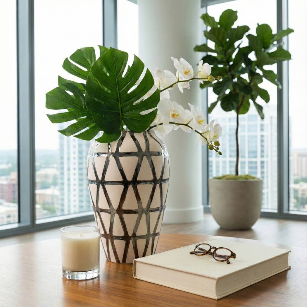 Decorative Vase - Ivory/Silver Ceramic Tribal Design, 16 in.