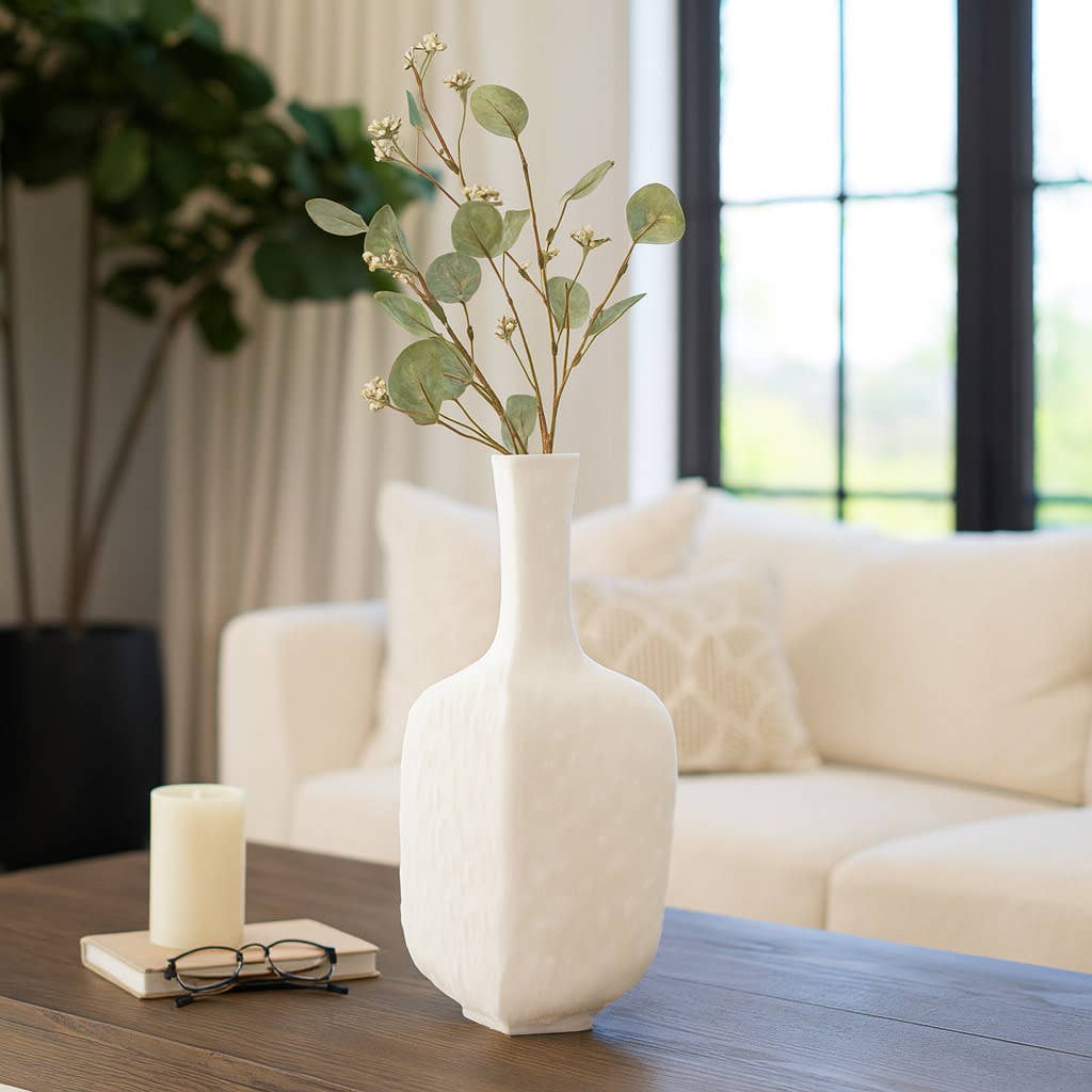 Decorative Vase - White Resin Modern Textured , 15 in.