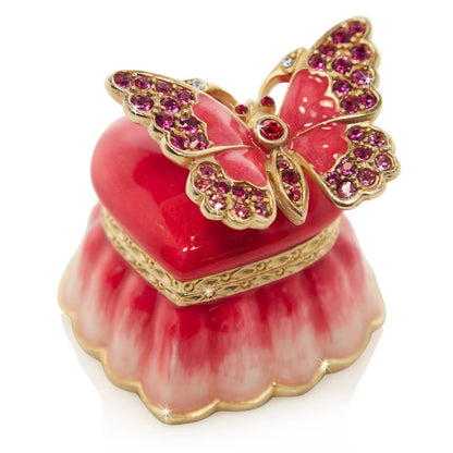 Jay Strongwater Emma Mini Heart Decorative Box, Pink Butterfly Swarovski Crystal Enamel Gold-Finished