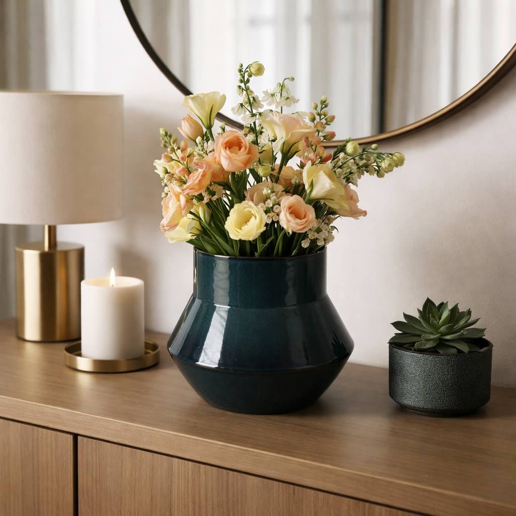 Decorative Vase - Green Ceramic Modern Flared Design, 9 in.