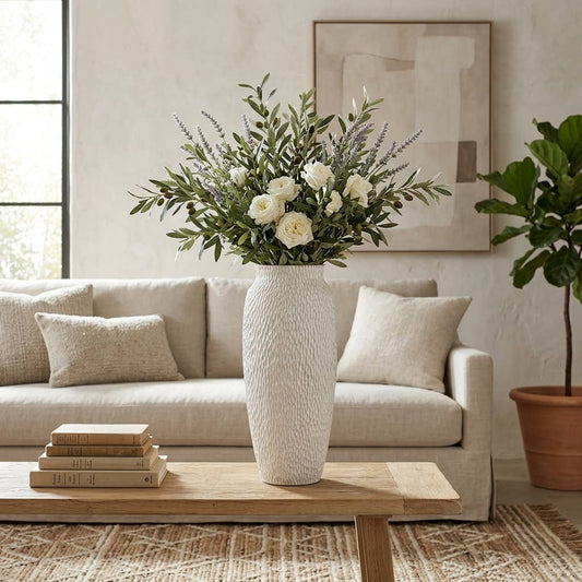Decorative Vase - White Earthenware Textured Cylinder, 19 in.