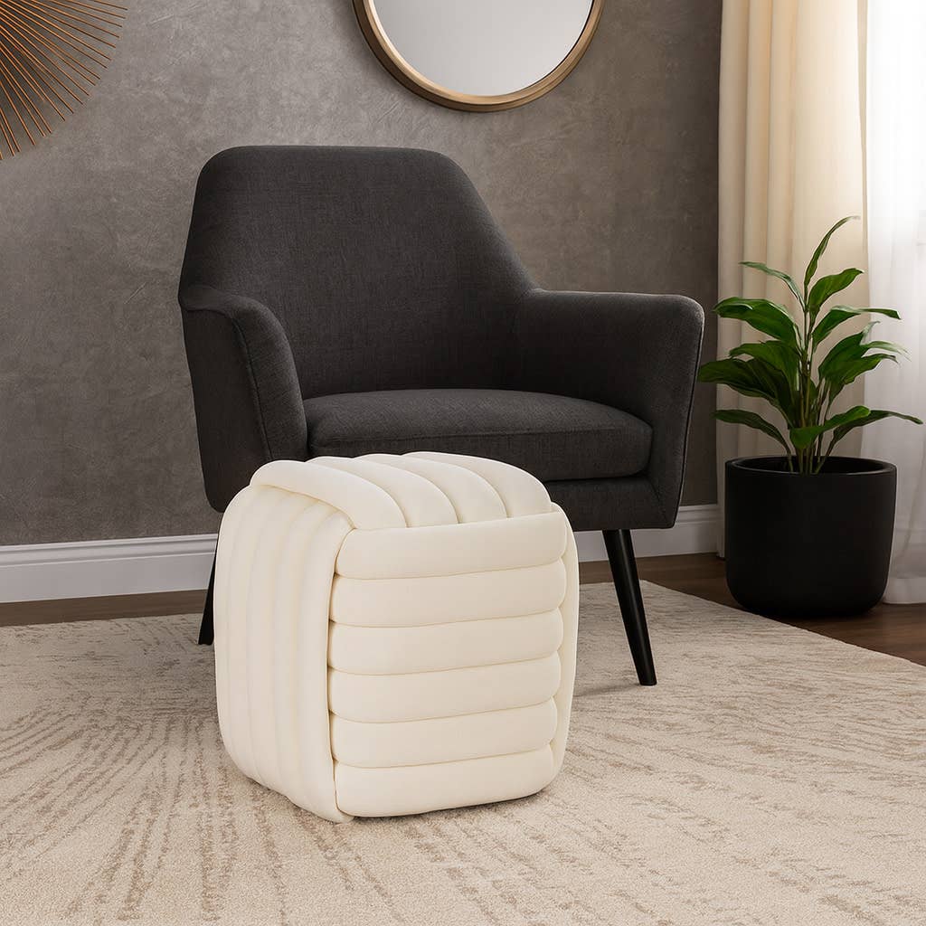 Stool - Cream Velvet Cube Knot with Layered Cushion, 19 in.