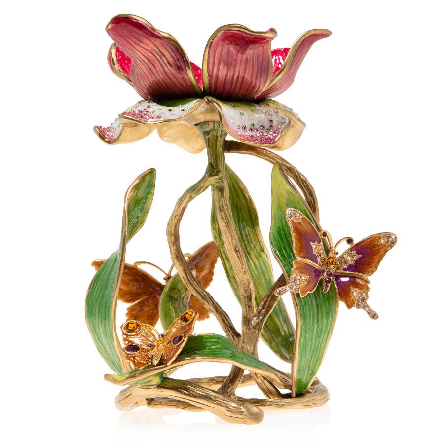 Jay Strongwater Meredith Floral 9" Pillar Candle Holder, Leaf Swarovski Crystal Enamel