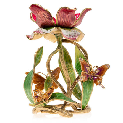 Jay Strongwater Meredith Floral 9" Pillar Candle Holder, Leaf Swarovski Crystal Enamel