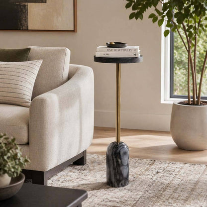 Side Table - Black Marble Top with Metal Tall Base, 27 in.