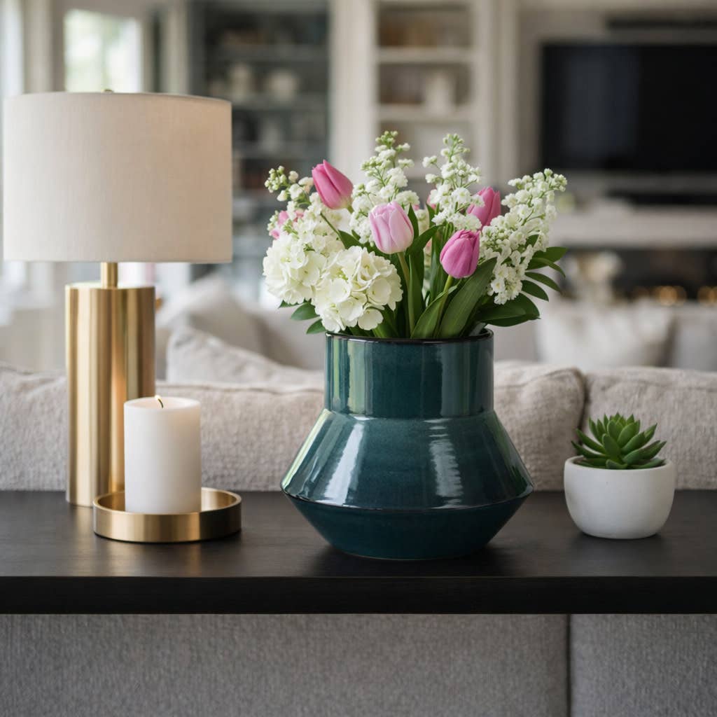 Decorative Vase - Green Ceramic Modern Flared Design, 9 in.