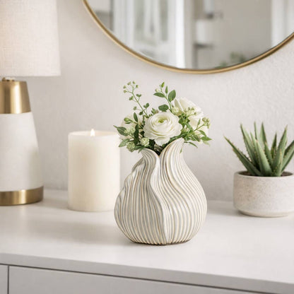 Decorative Vase - Beige Ceramic Sculptural Hollow, 8 in.