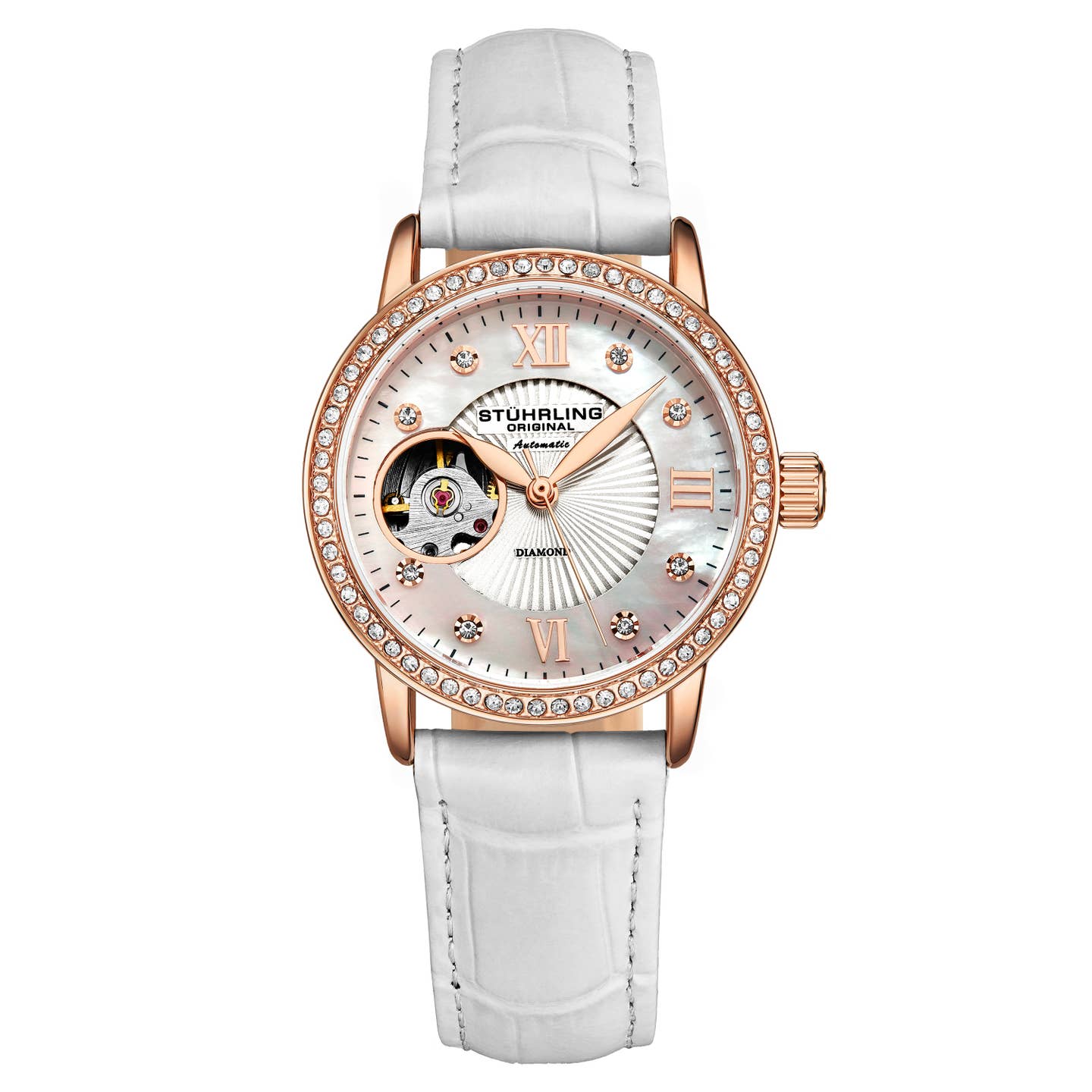 Stuhrling Original Legacy Women's Automatic Watch, 34mm, White Mother-of-Pearl Dial, White Embossed Leather Strap, Skeleton Dial