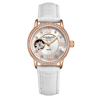 Stuhrling Original Legacy Women's Automatic Watch, 34mm, White Mother-of-Pearl Dial, White Embossed Leather Strap, Skeleton Dial