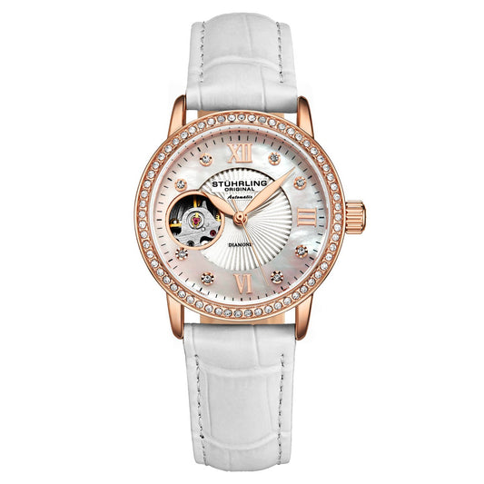 Stuhrling Original Legacy Women's Automatic Watch, 34mm, White Mother-of-Pearl Dial, White Embossed Leather Strap, Skeleton Dial