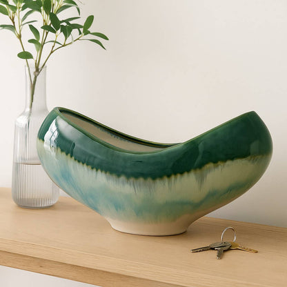 Decorative Bowl - Blue/Green Ceramic Curved Ombre, 15 in.